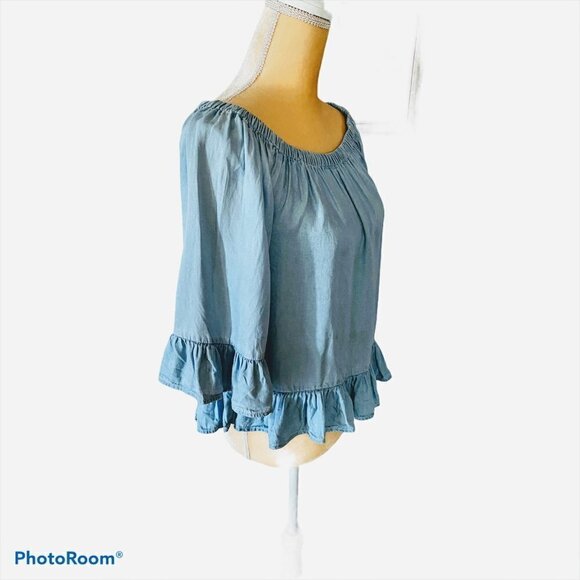 Jane and Delancey Anthropologie Chambray Ruffled top - Picture 3 of 9